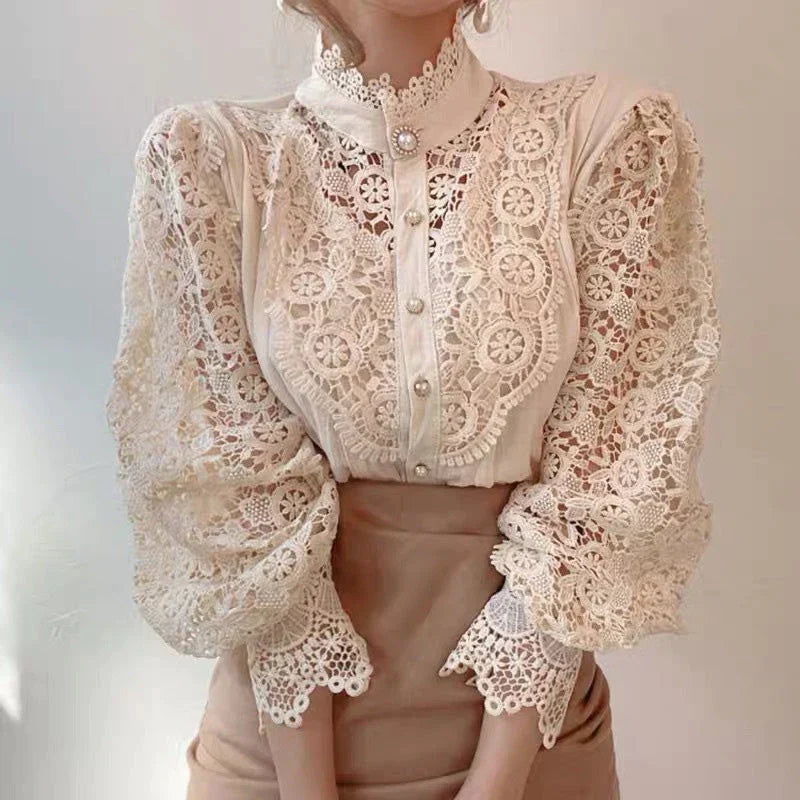 Marcie - Stylish Hollow Floral High Neck Blouse for Modern Women