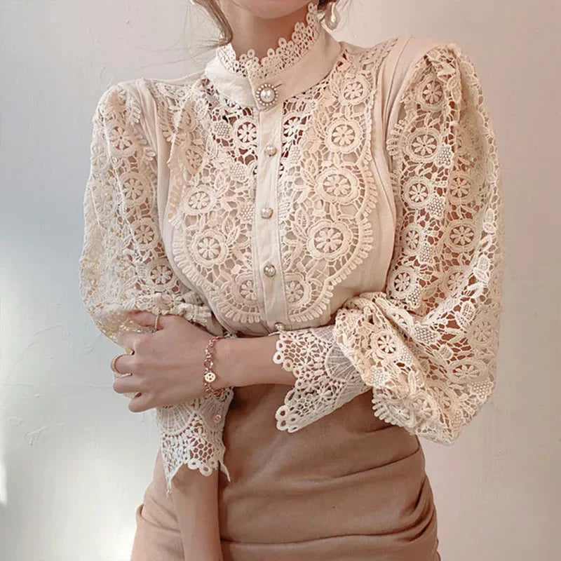 Marcie - Stylish Hollow Floral High Neck Blouse for Modern Women