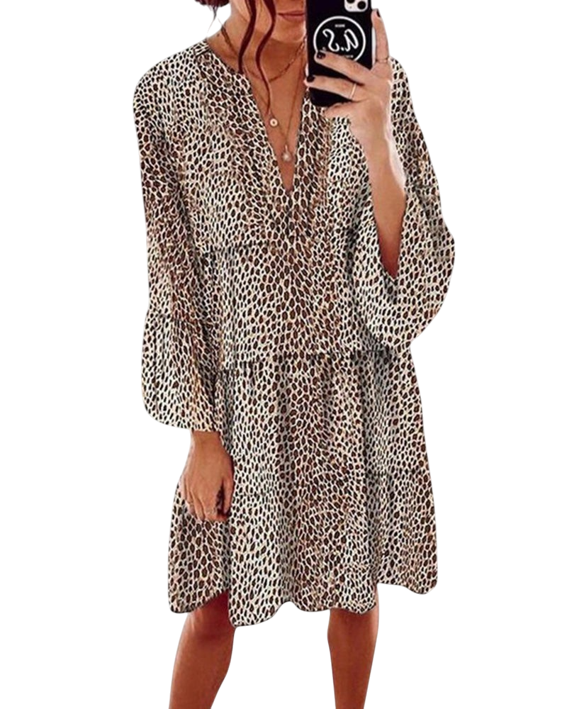 Safira - Elegant Women's Leopard Dress with V-neck and Puff Sleeves