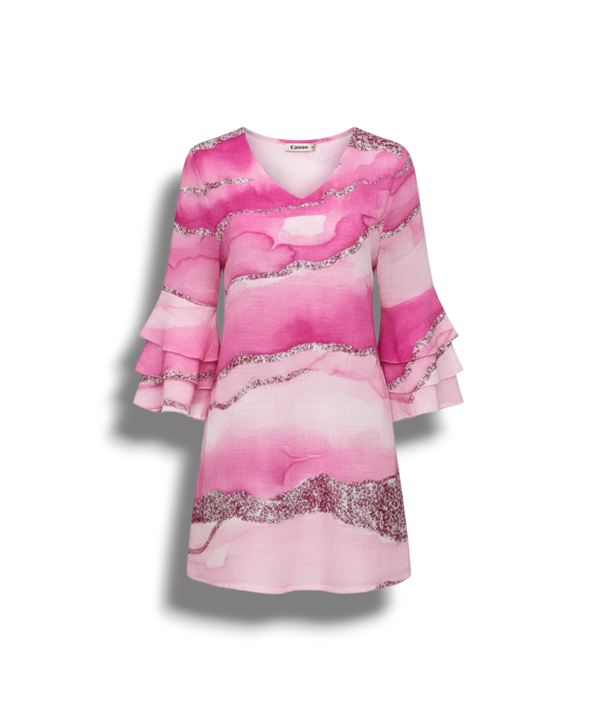 Ilaria - Lightweight Elegant Women's Mini Dress with V-Neck and Flared Sleeves