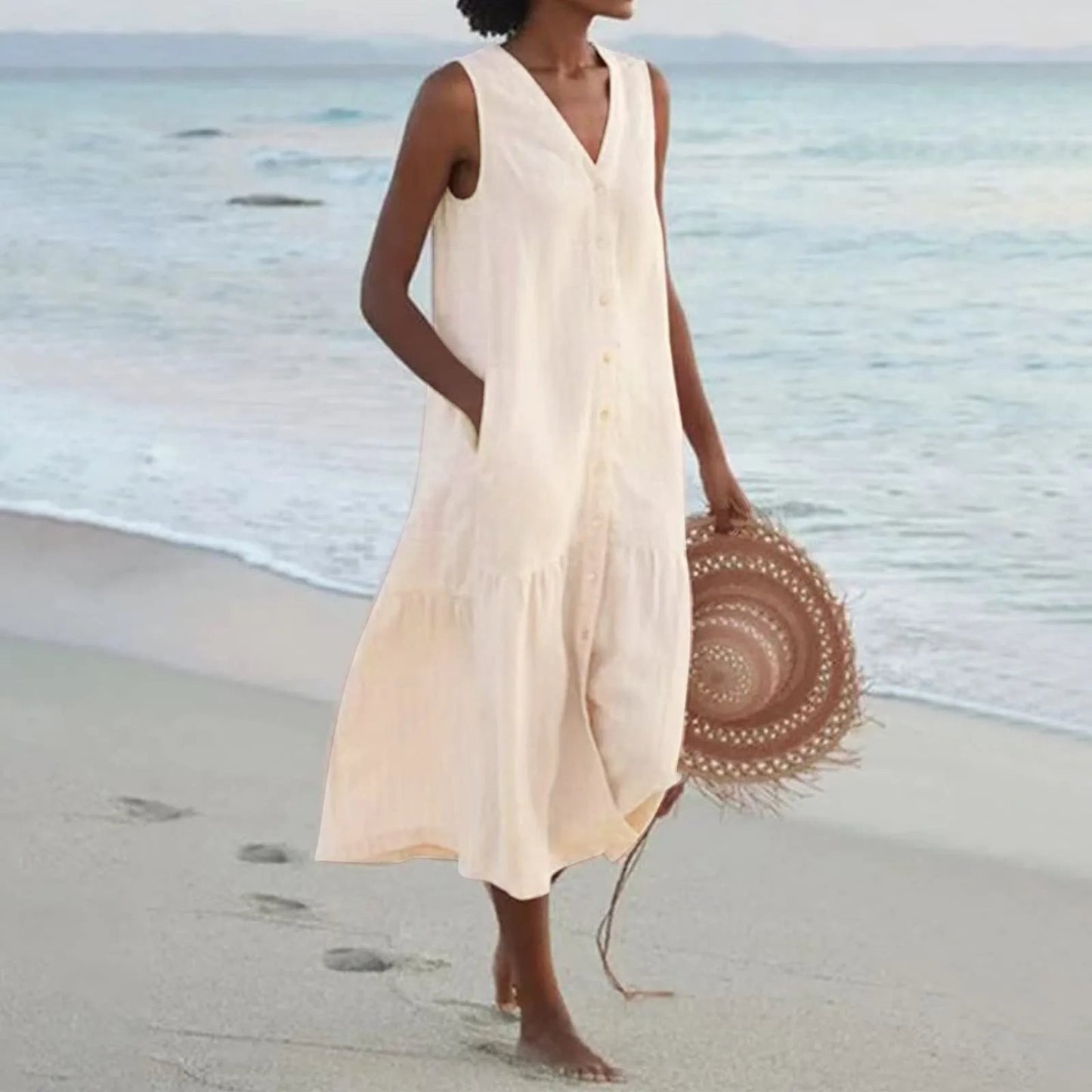 Sabine - Stylish Premium V-neck Dress with Pockets and Flowy Design