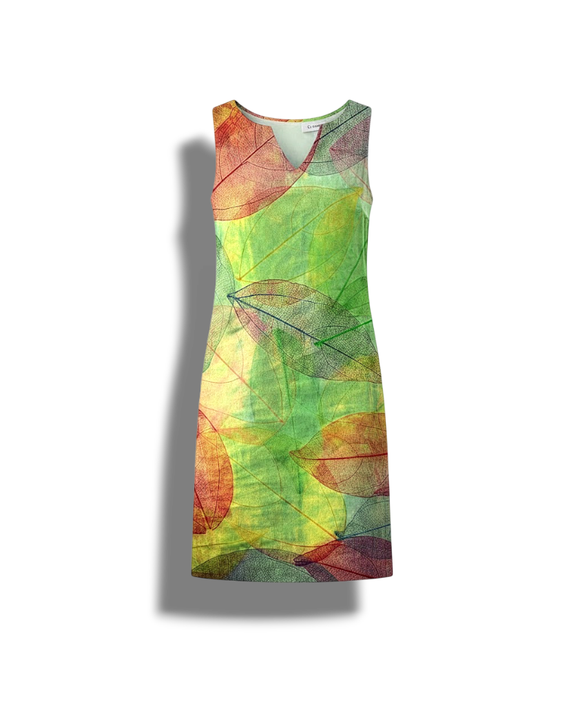 Georgiana- Stylish Women's Dress in Bright Colors with Leaf Pattern