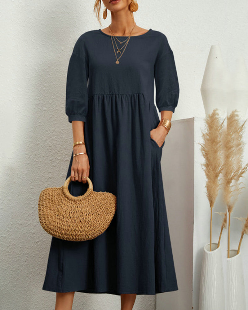 Zafira - Premium Women's Midi Dress with Lantern Sleeves and Round Neck