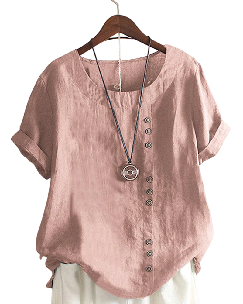 Adriana - Plain Short-Sleeved Blouse with Round Neck and Button Detail