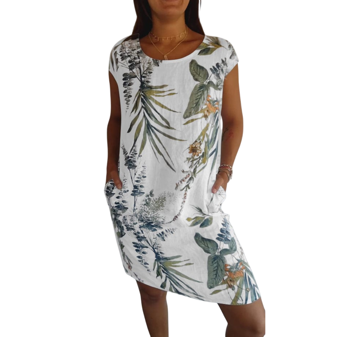 Venetia - Comfortable Round-Neck Dress with Tropical Floral Print