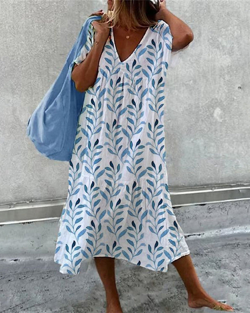 Theda - Elegant Women's V-neck Dress with Leaf Print