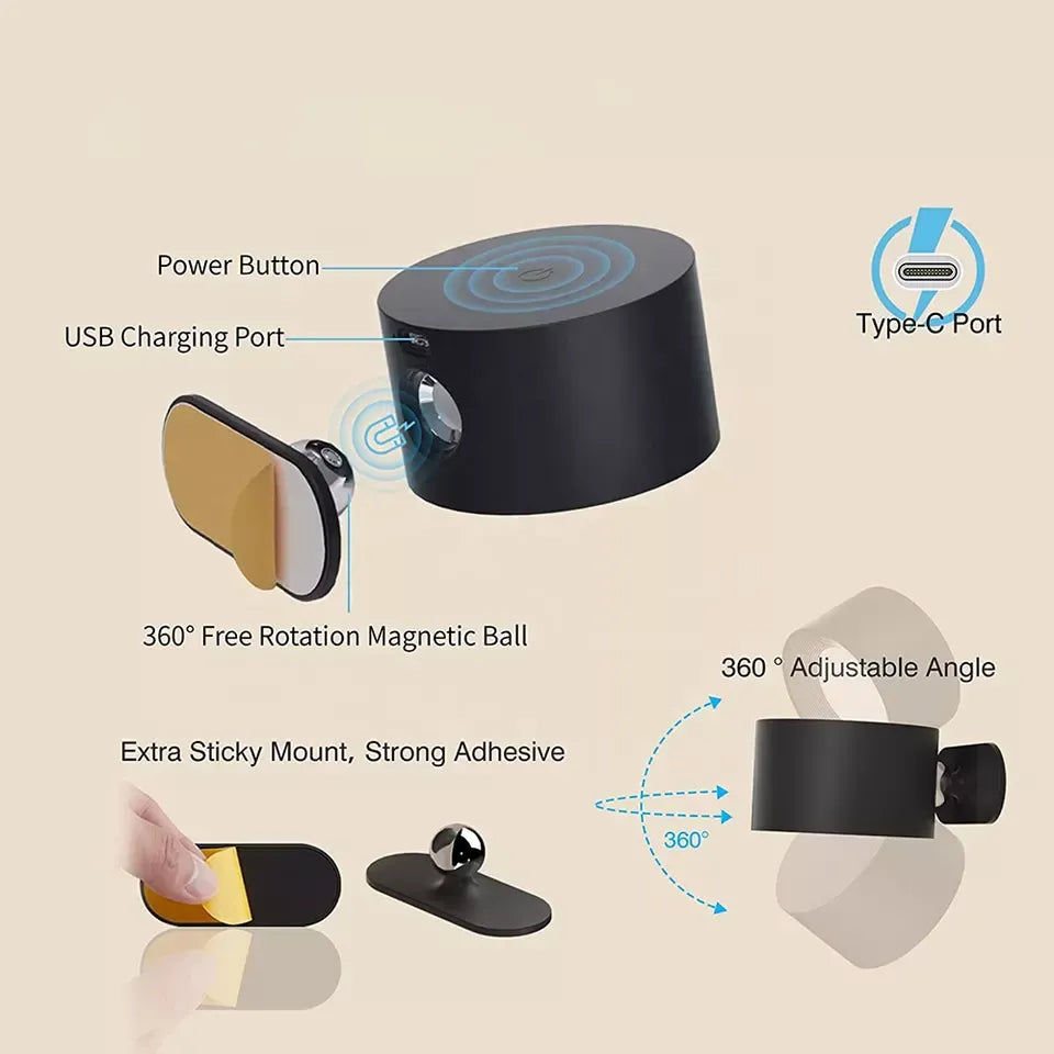 Beddora - 360 Degree Wireless Rechargeable Wall Lamp USB No Wiring
