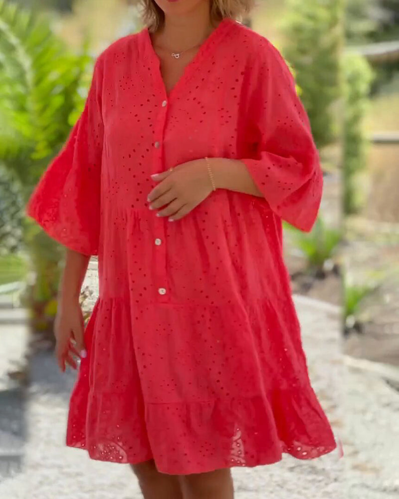 Candela - Breathable Women's Summer Dress with Flattering V-neck and Flared Sleeves