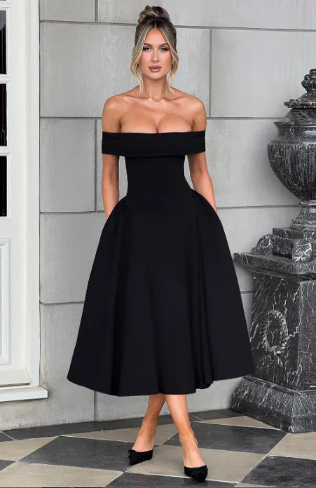 Celia - Elegant Off-the-Shoulder Midi Dress for Special Occasions