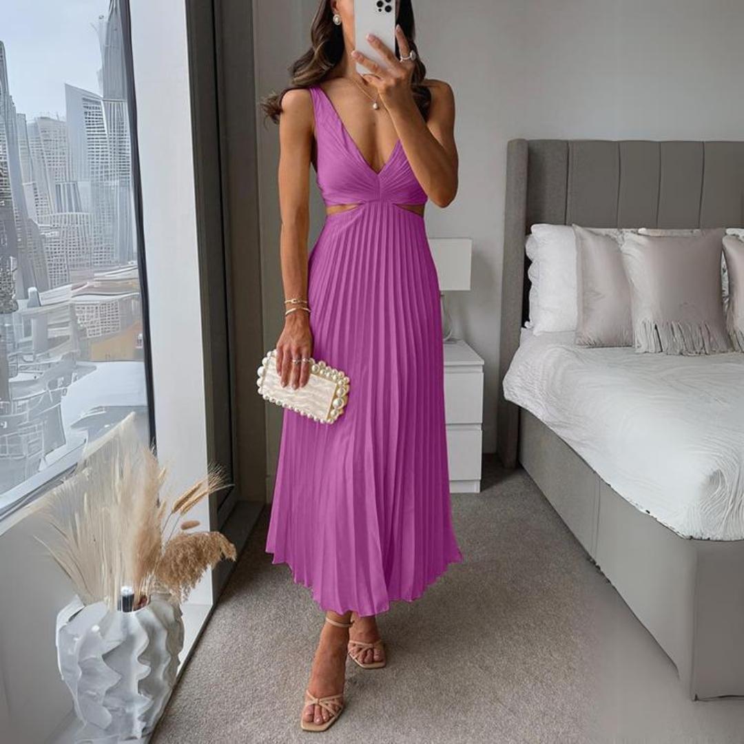 Imogene - Stylish Women's Midi Dress with Sleeveless V-neck and Pleated Skirt