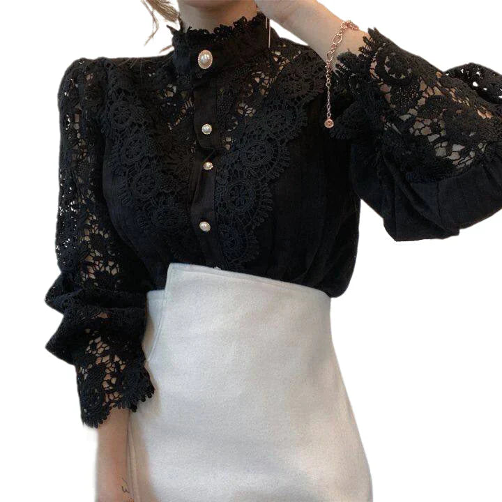 Marcie - Stylish Hollow Floral High Neck Blouse for Modern Women