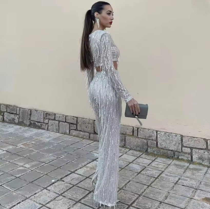 Coby - Elegant Sequin Crop Top and Wide-Legged Trousers Set