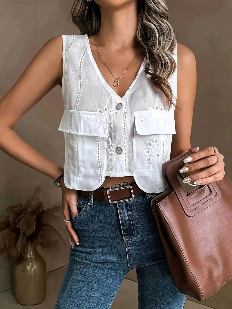 Jacintha - Stylish Cotton Vest with Delicate Embroidery and Functional Pockets