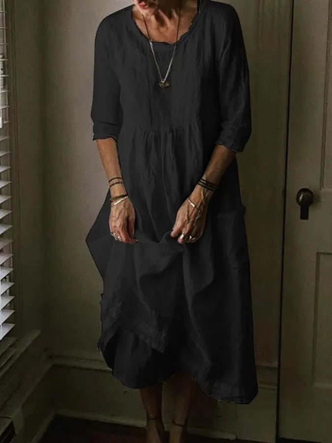 Iseult - Loose Fit Cotton Linen Women's Dress with Asymmetric Hem and Pockets
