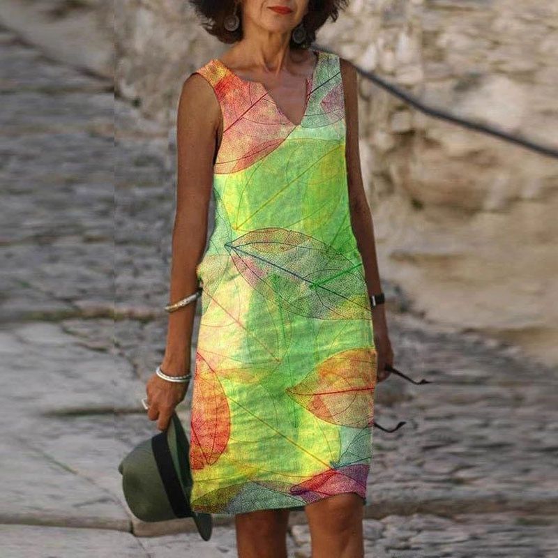 Georgiana- Stylish Women's Dress in Bright Colors with Leaf Pattern