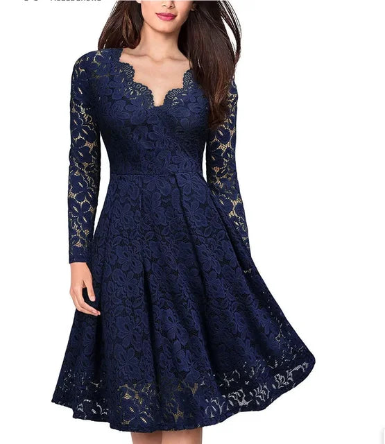 Morgana - Elegant Lace Dress with V-neck and Flared Skirt