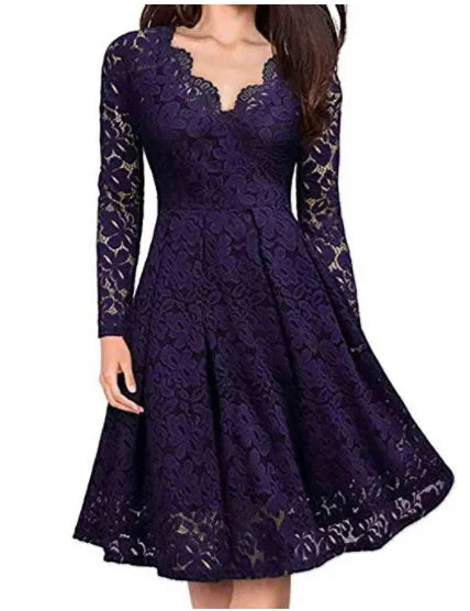 Morgana - Elegant Lace Dress with V-neck and Flared Skirt