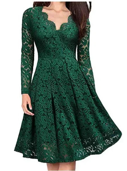 Morgana - Elegant Lace Dress with V-neck and Flared Skirt