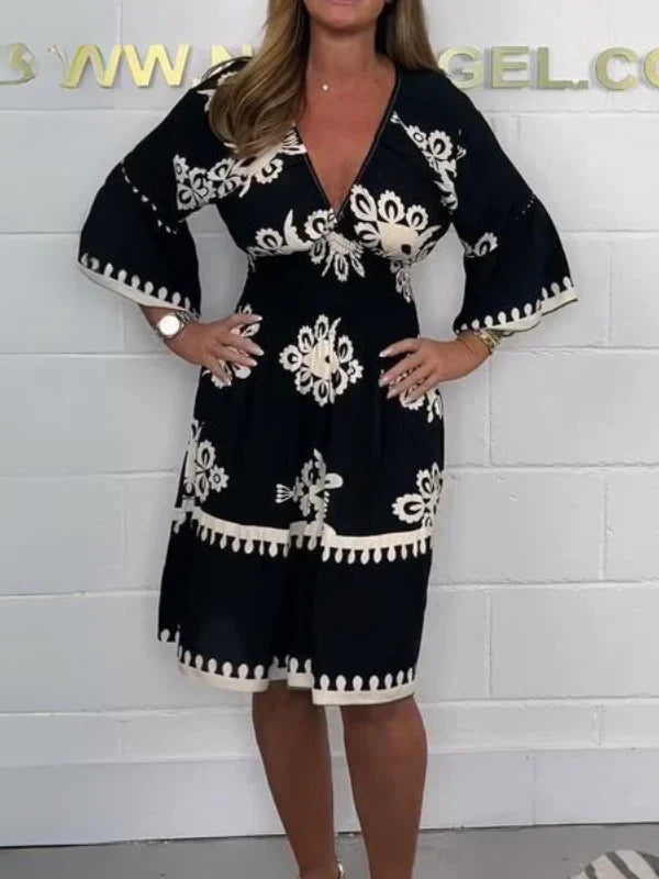 Tansy - Stylish Printed Women's Dress with V-neck and Flared Sleeves