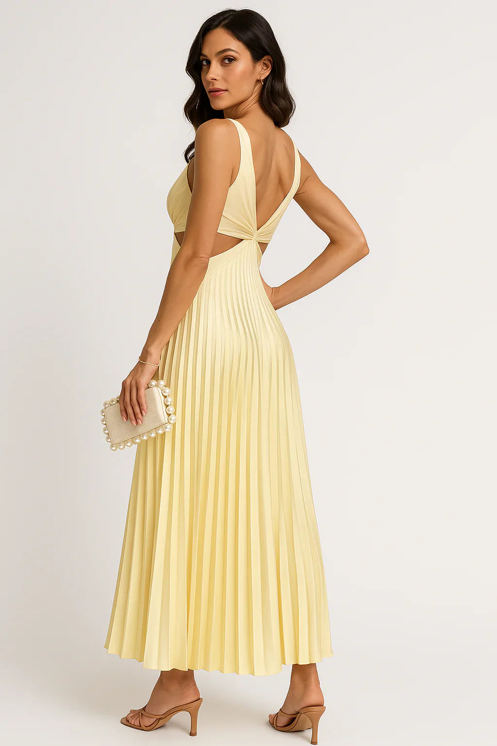 Carly - Elegant Pleated Satin Midi Dress for Graceful Movement