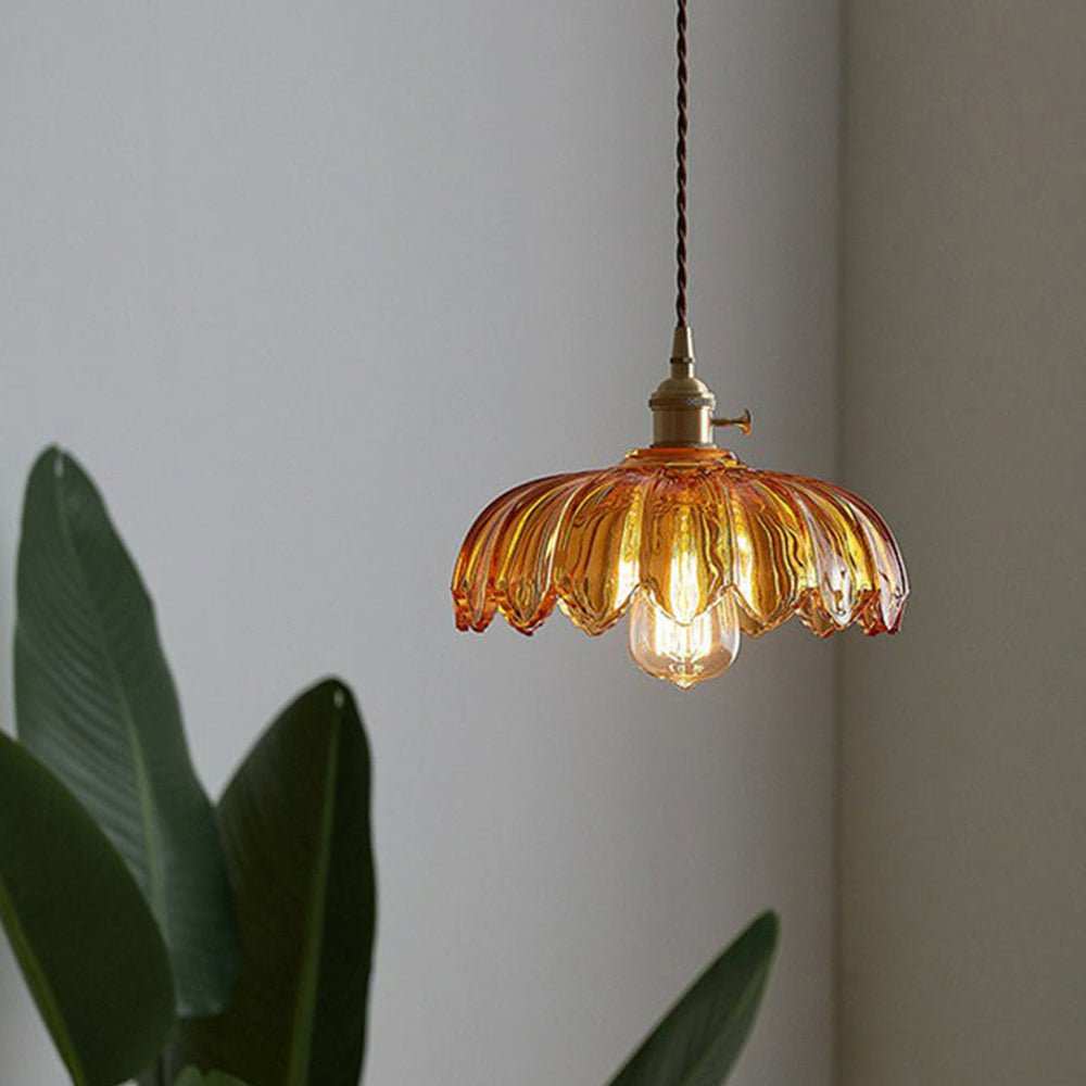 Evorra - Vintage Glass Flower Pendant Lamp With Green Amber Glass