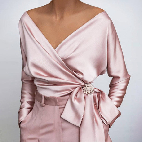 Cosette - Elegant V-neck Satin Blouse with Stylish Bow Detail