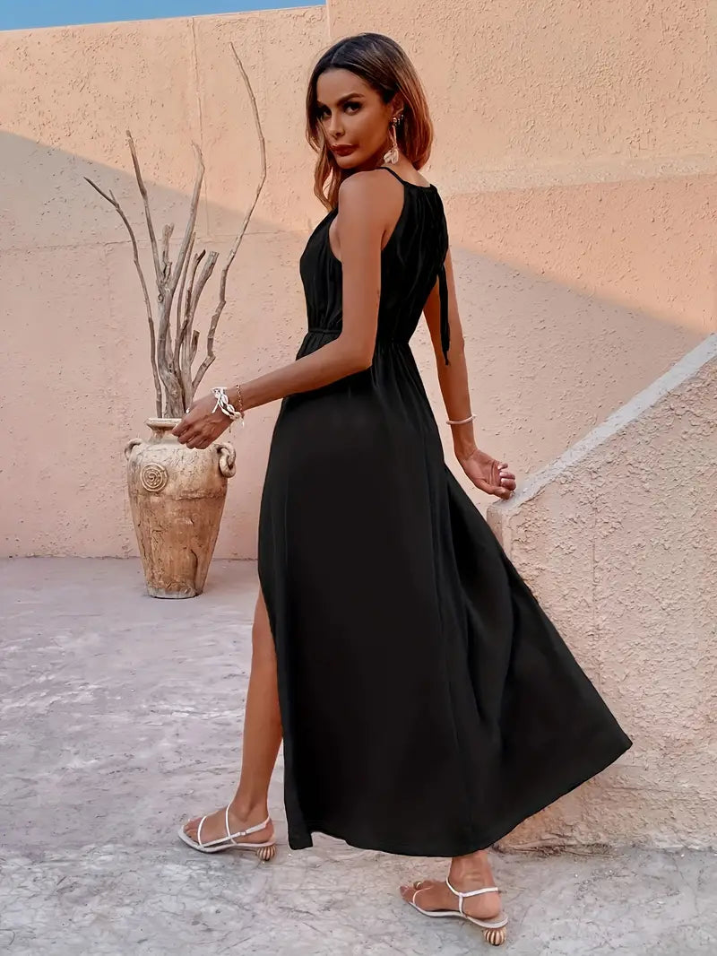 Nora - Elegant Women's Sleeveless Dress with Waist Belt and Thigh Slit