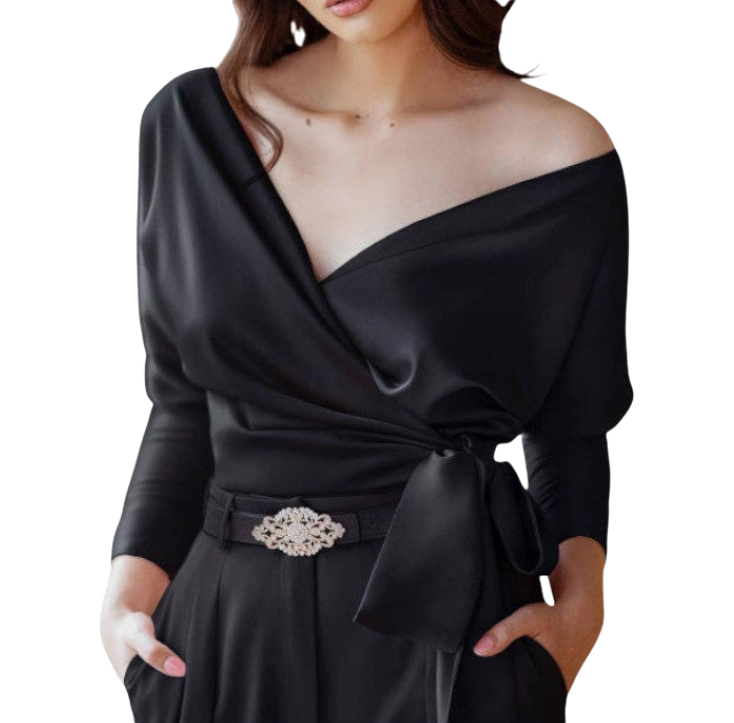 Cosette - Elegant V-neck Satin Blouse with Stylish Bow Detail