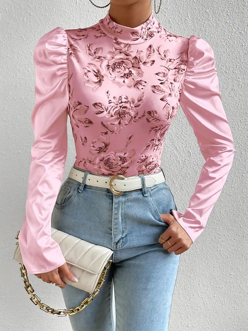 Uma - Elegant Floral Satin Top with Puff Sleeves and High Neckline