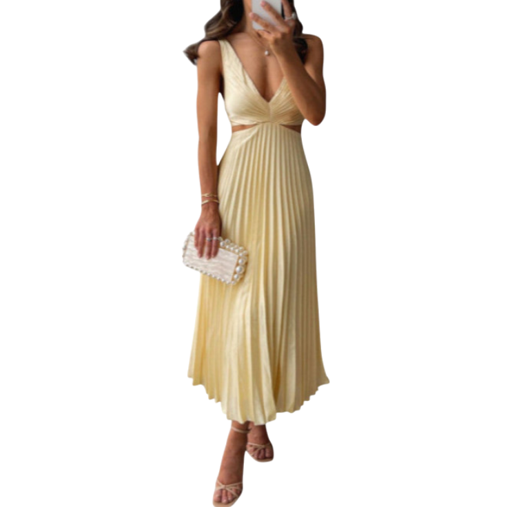 Rainelle - Elegant Sleeveless V-neck Maxi Dress with Pleated Skirt