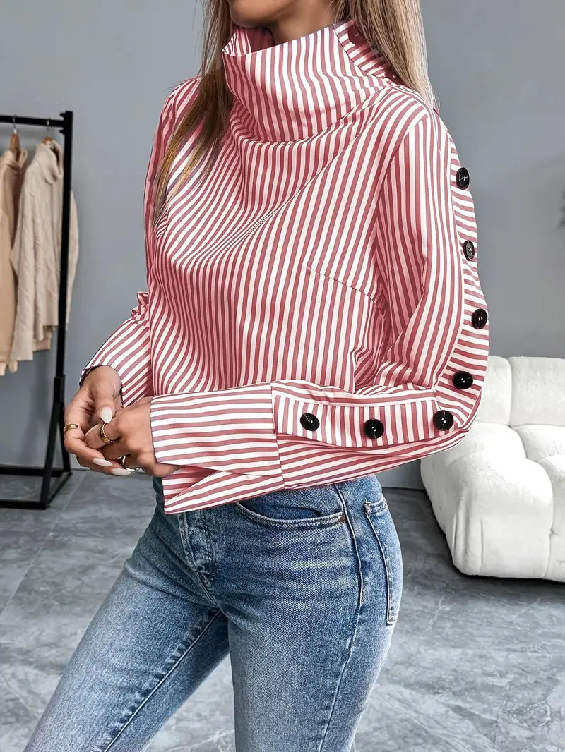 Kathleen - Stylish Striped Blouse with High Collar and Button Cuffs