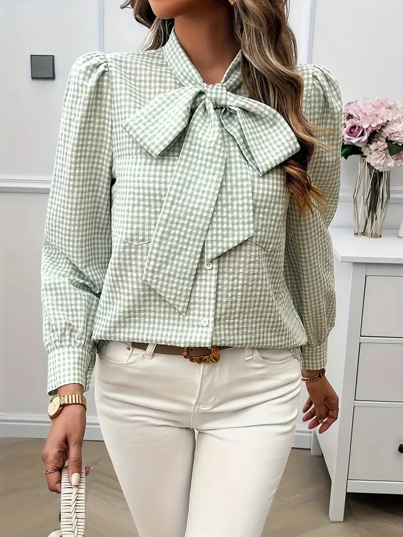 Karen - Charming Cotton Blouse with Bow Tie and Gingham Pattern