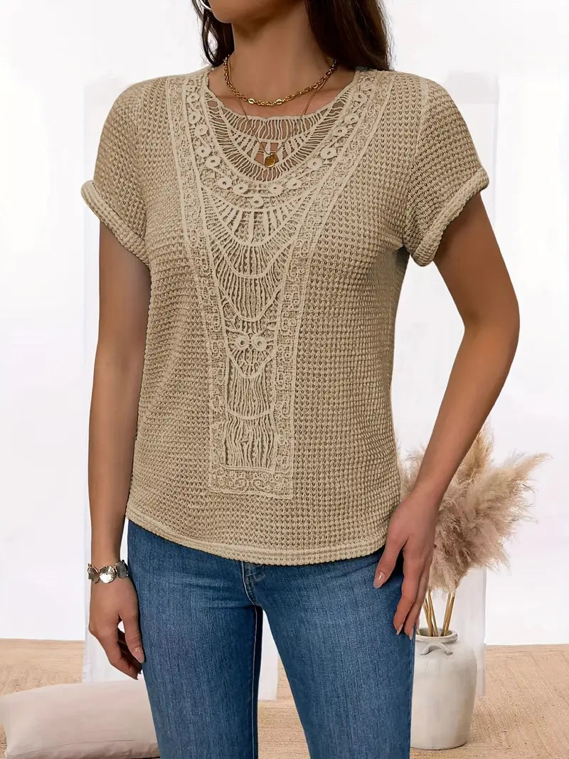 Bella - Stylish Crochet Knit Top with Vintage Charm and Lace Trim