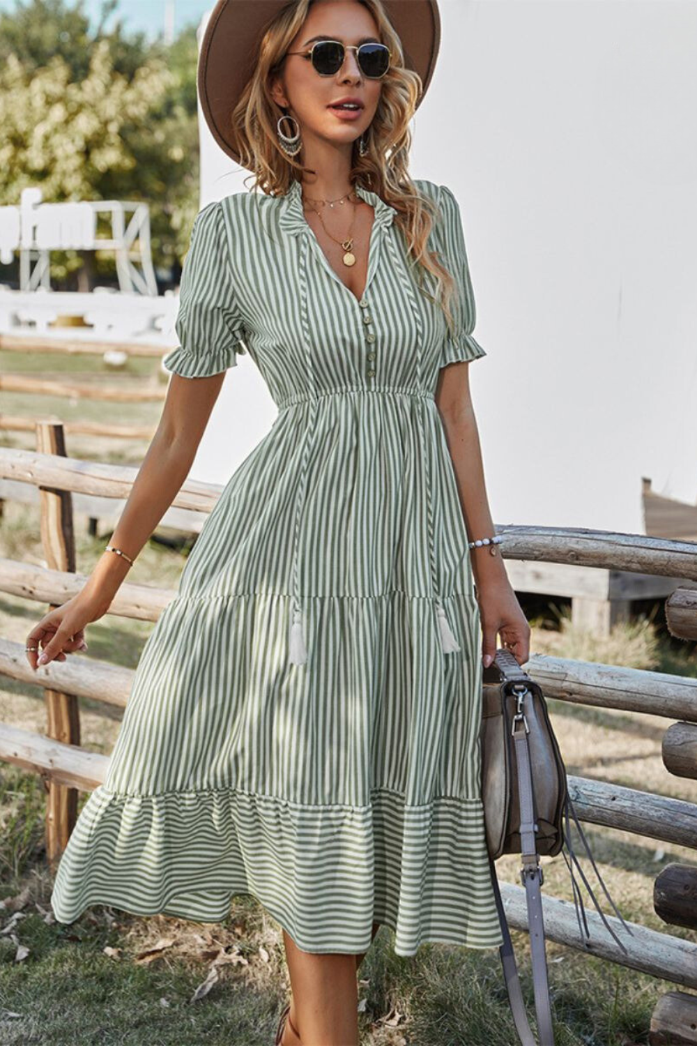 Laverne - Stylish Women's Midi Dress with V-neck and Tassel Details