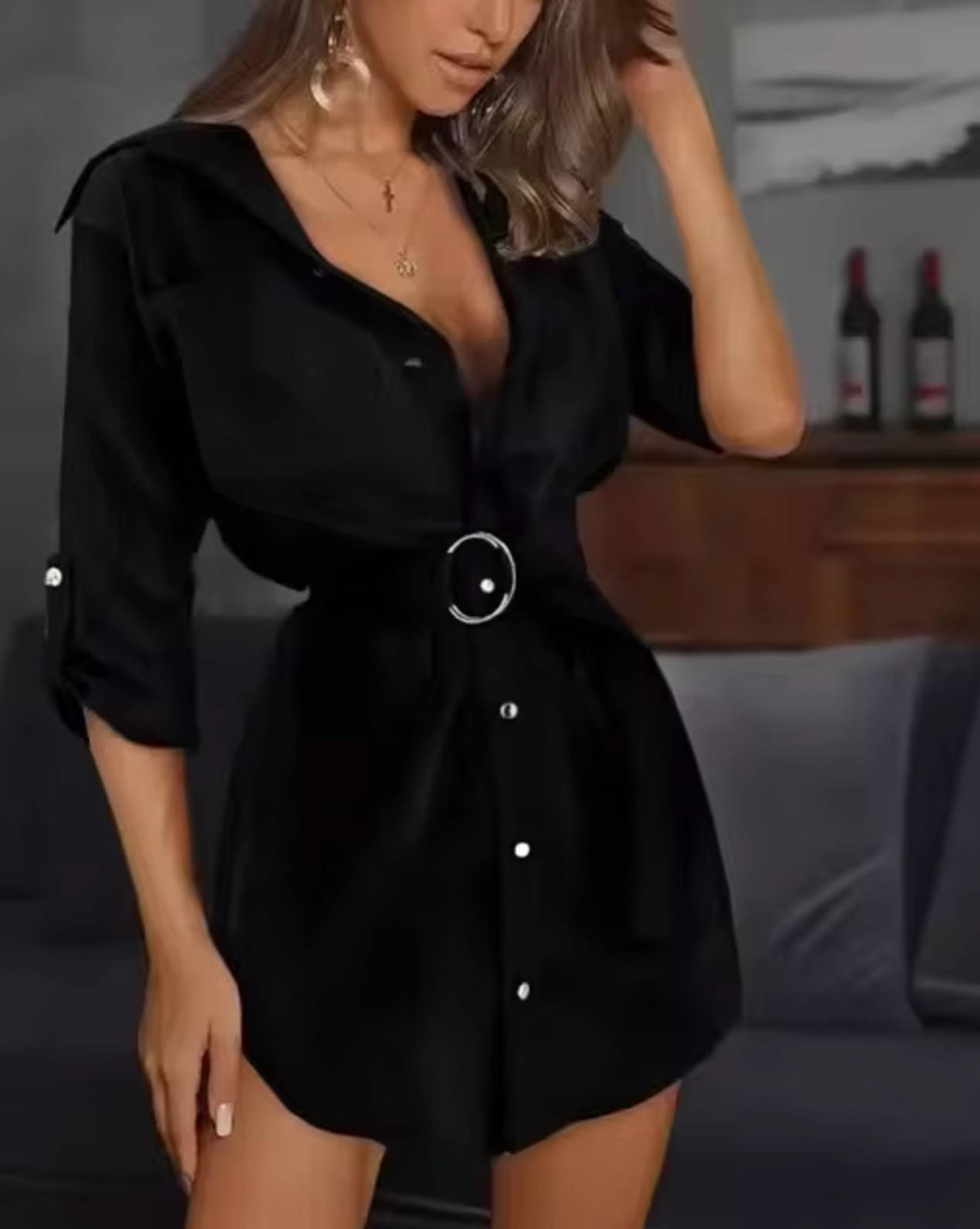 Nesta - Chic Button-Front Shirt Dress with Belt for Casual and Semi-Formal Events