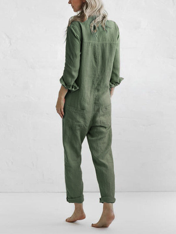 Emilia - Casual Women's Long Sleeve Linen Jumpsuit Olive