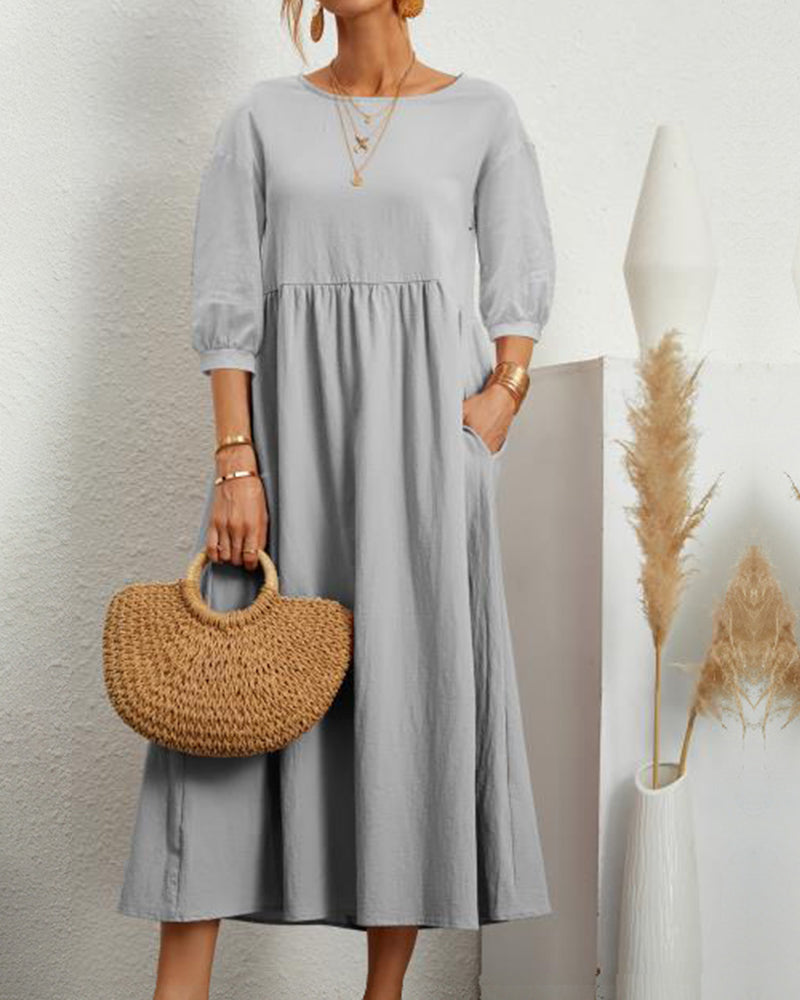 Zafira - Premium Women's Midi Dress with Lantern Sleeves and Round Neck