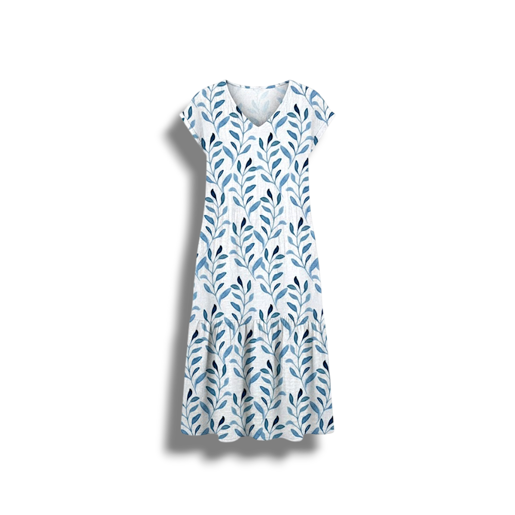 Theda - Elegant Women's V-neck Dress with Leaf Print