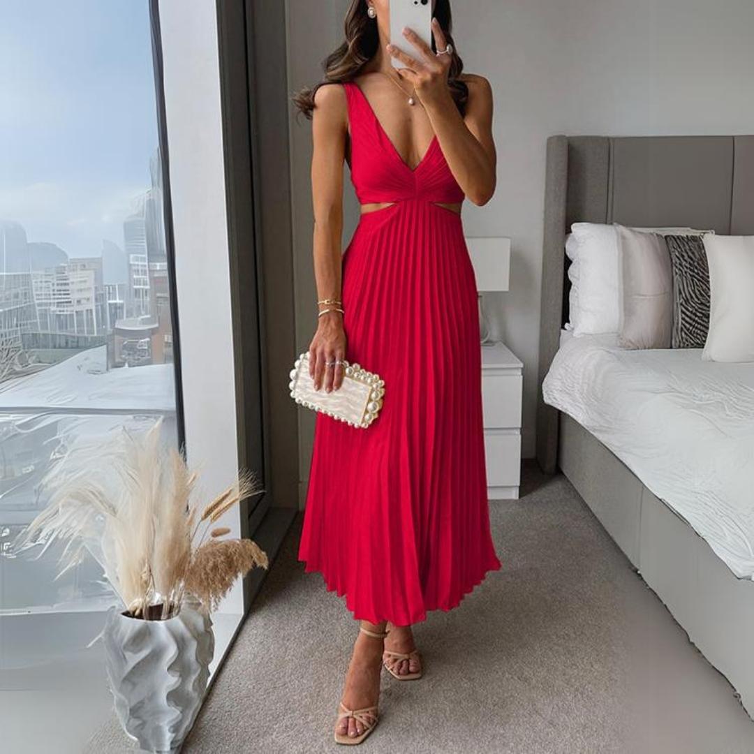 Imogene - Stylish Women's Midi Dress with Sleeveless V-neck and Pleated Skirt