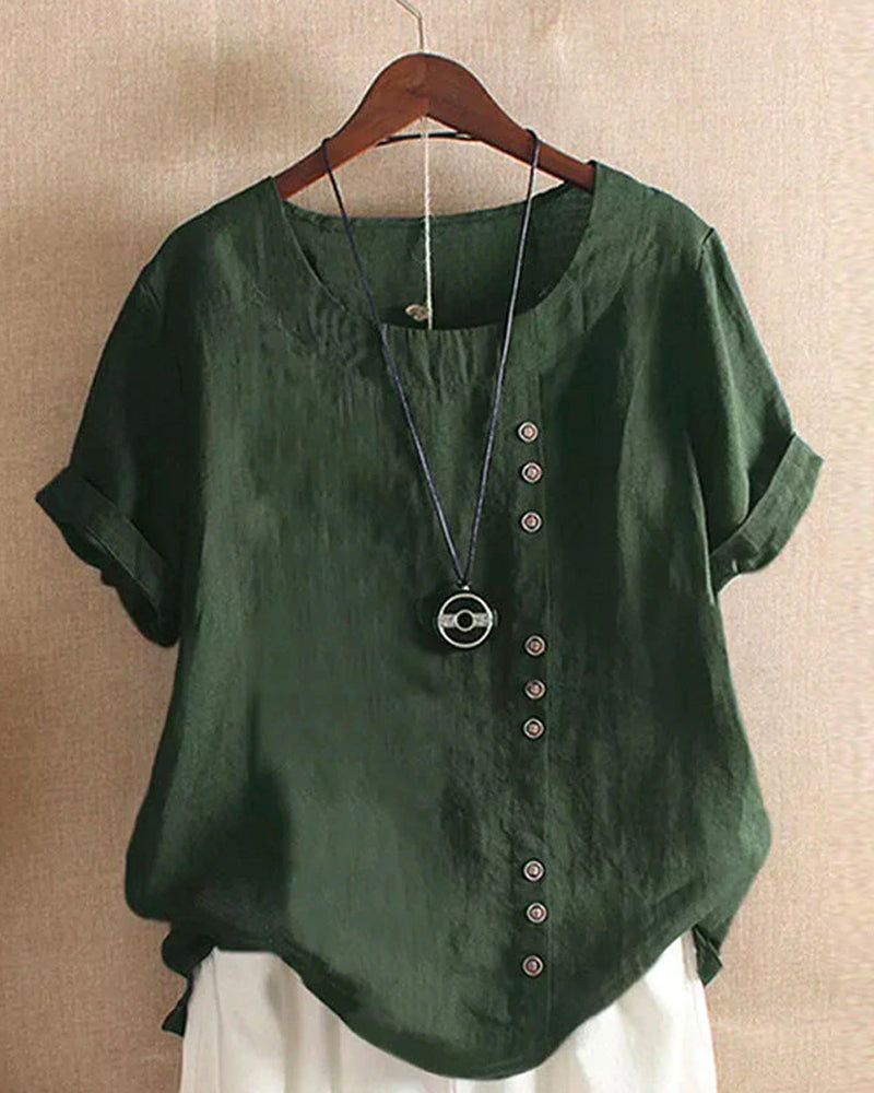 Adriana - Plain Short-Sleeved Blouse with Round Neck and Button Detail