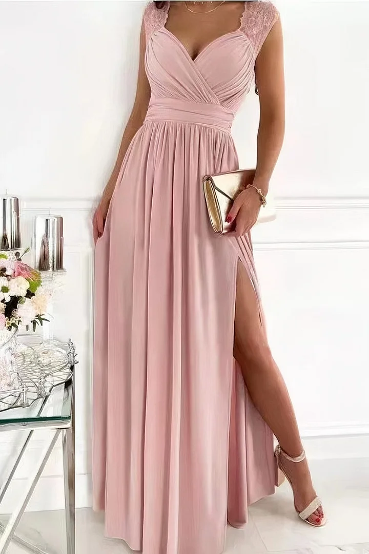Elsin - Elegant Sleeveless Lace Dress with Hem and Back Opening