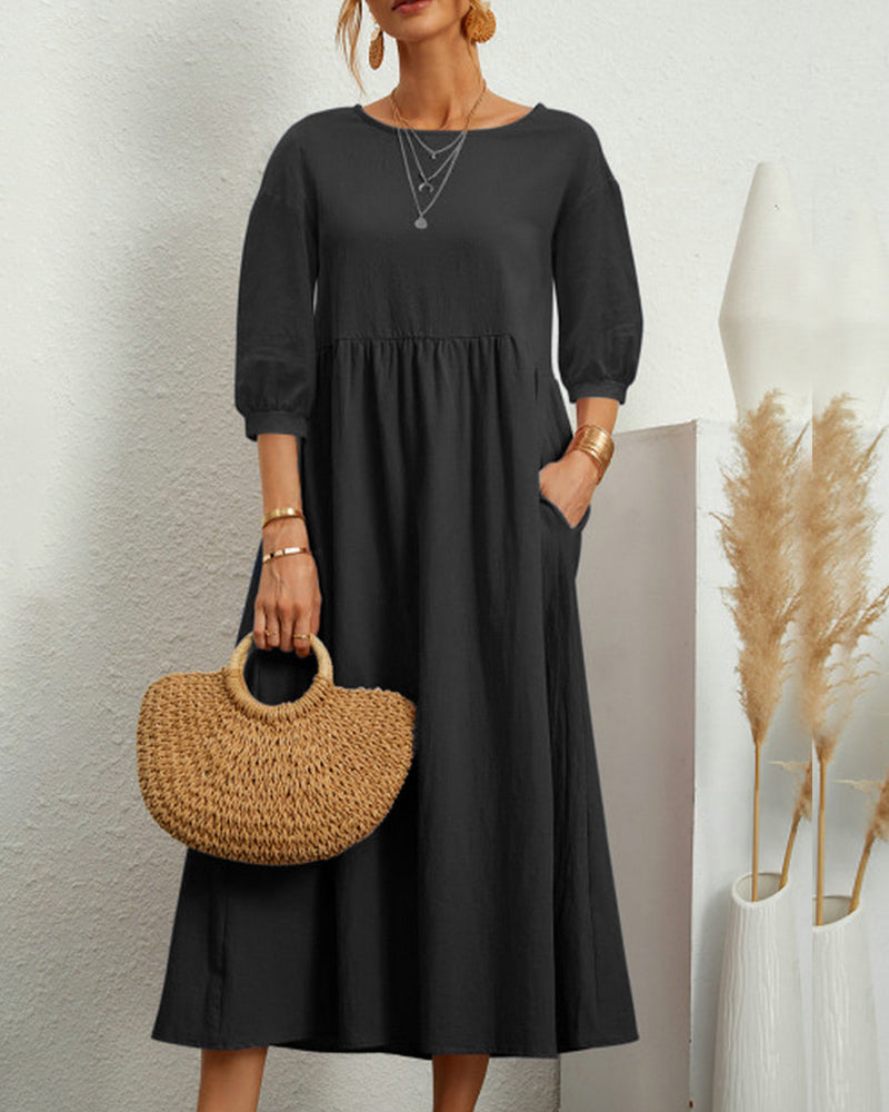 Zafira - Premium Women's Midi Dress with Lantern Sleeves and Round Neck