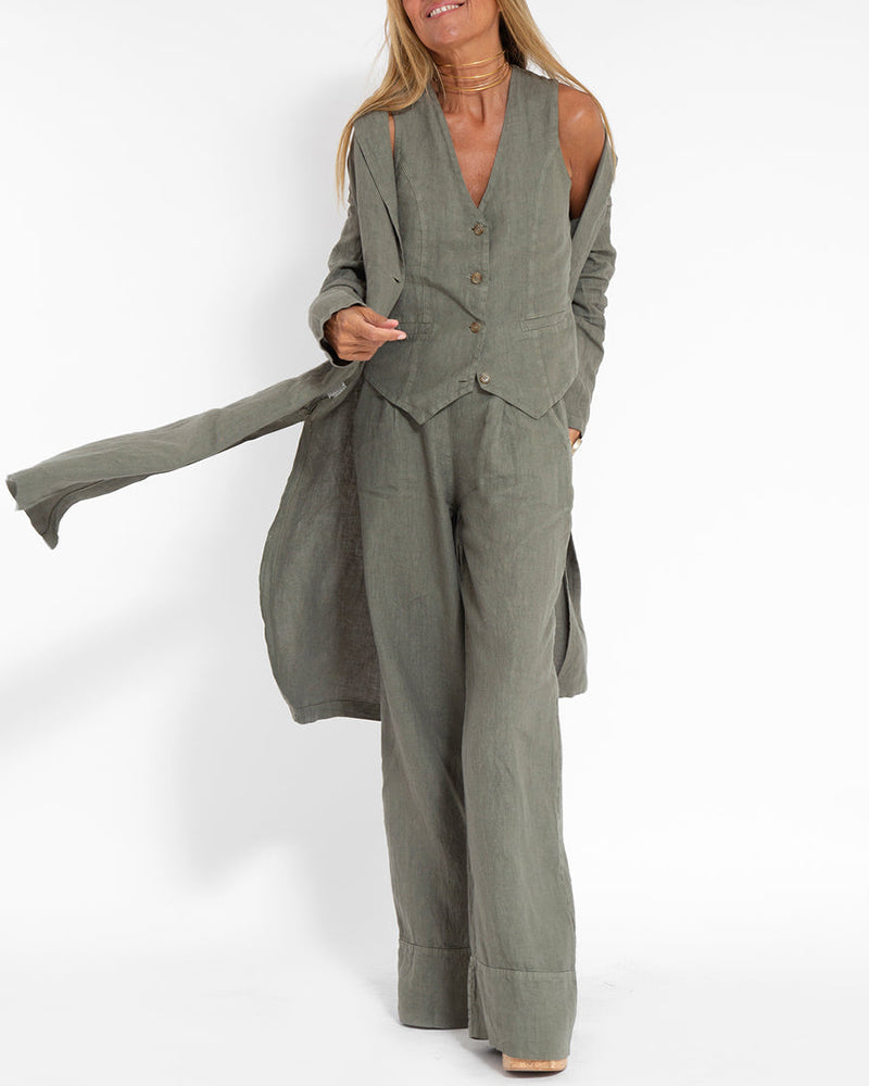 Alexandria - Women's Elegant 2-Piece Linen Set with Wide-Leg Trousers and Cardigan
