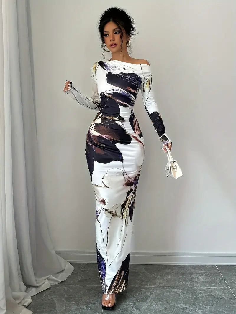 Yasmin - Elegant Long-Sleeved Maxi Dress with Abstract Print
