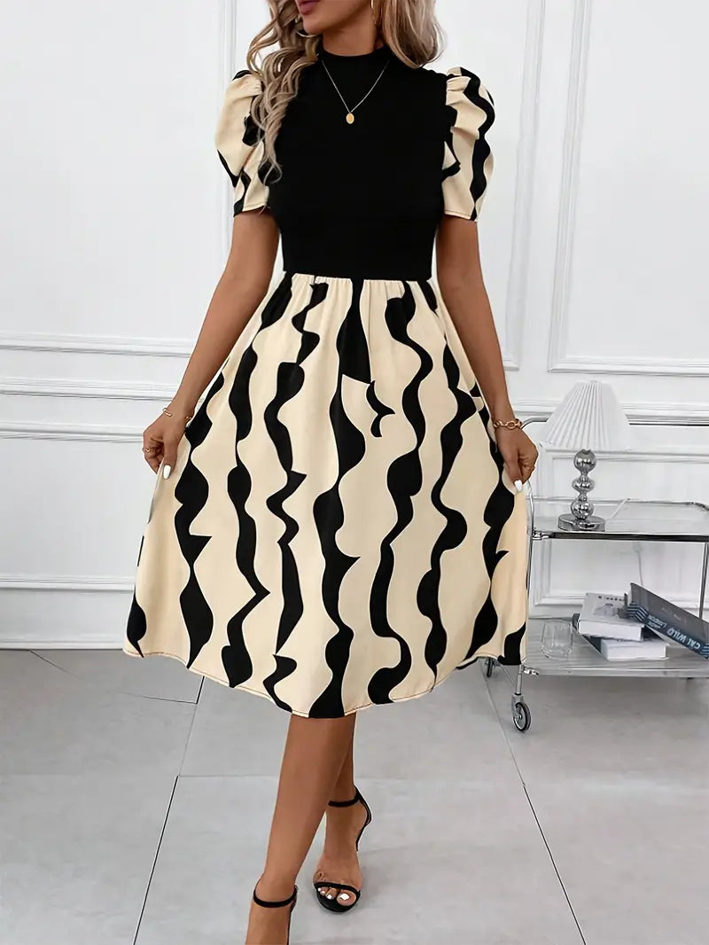 Jasmine - Elegant Midi Dress with Puff Sleeves and Striking Wave Print