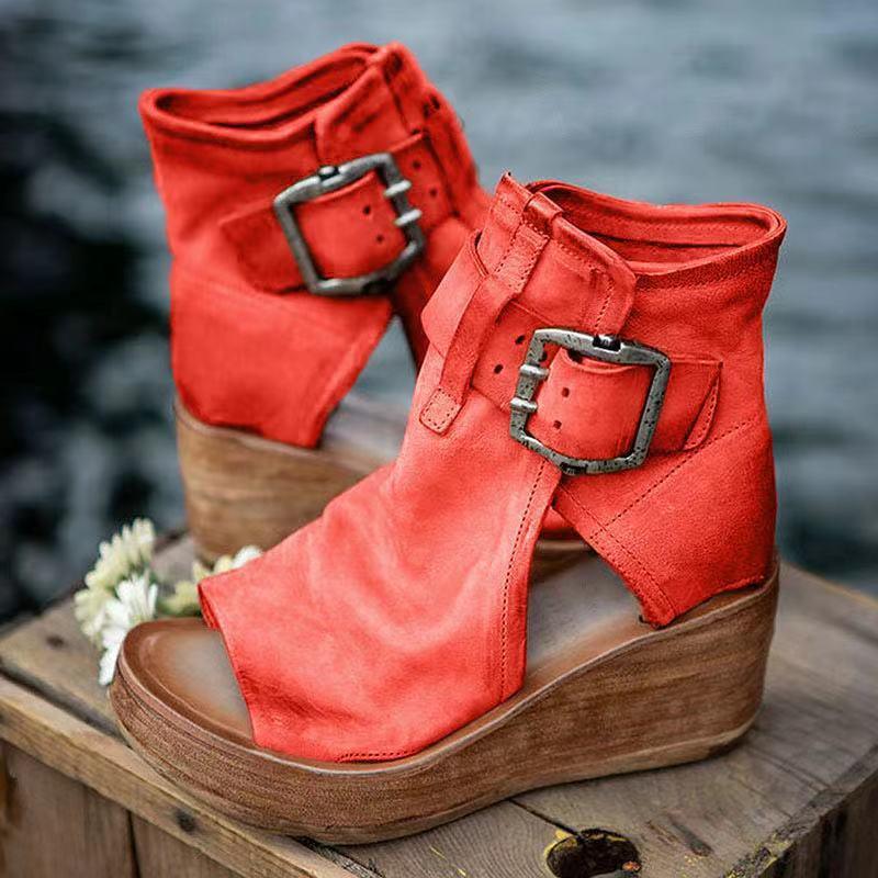 Audrey - Vintage Leather Wedge Sandals with Oversized Buckle Detail