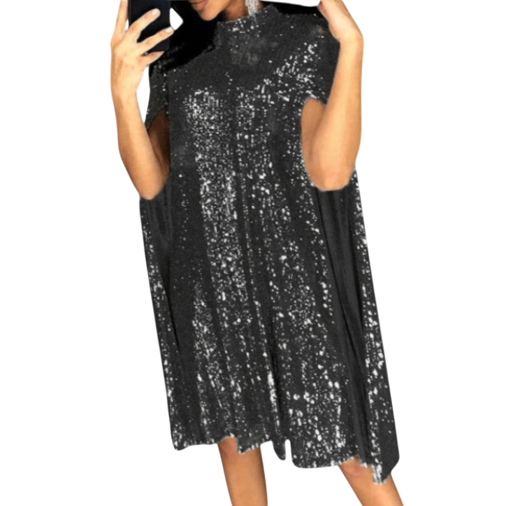 Auden - Elegant Midi-Length Cape Dress with Shiny Sequins and Split Sleeves