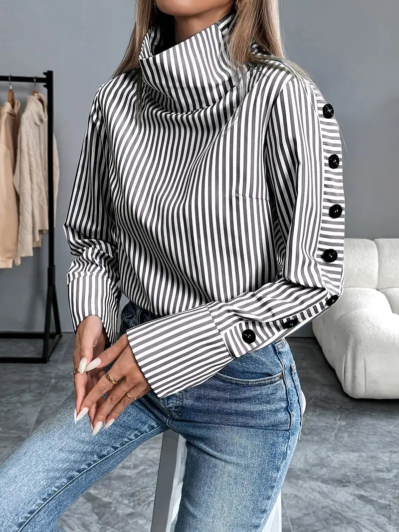 Kathleen - Stylish Striped Blouse with High Collar and Button Cuffs