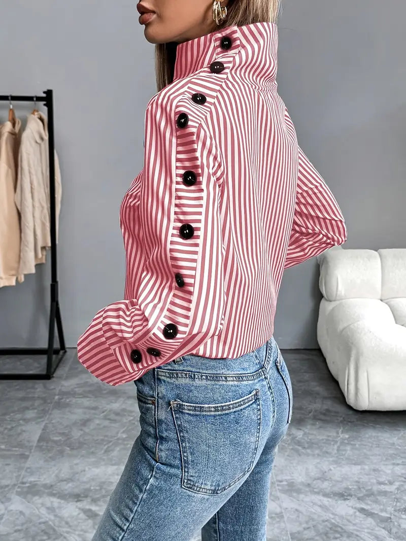 Kathleen - Stylish Striped Blouse with High Collar and Button Cuffs