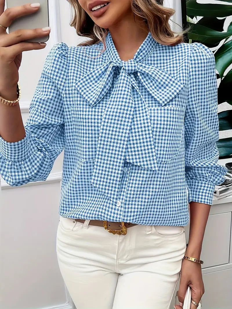Karen - Charming Cotton Blouse with Bow Tie and Gingham Pattern